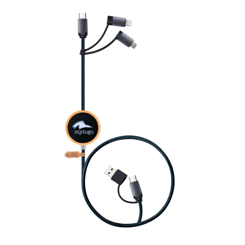 60W PD Bamboo Charging Cable with Light-Up Logo | Eco-Friendly USB-C & Lightning | 120cm | S1125BPD-F03