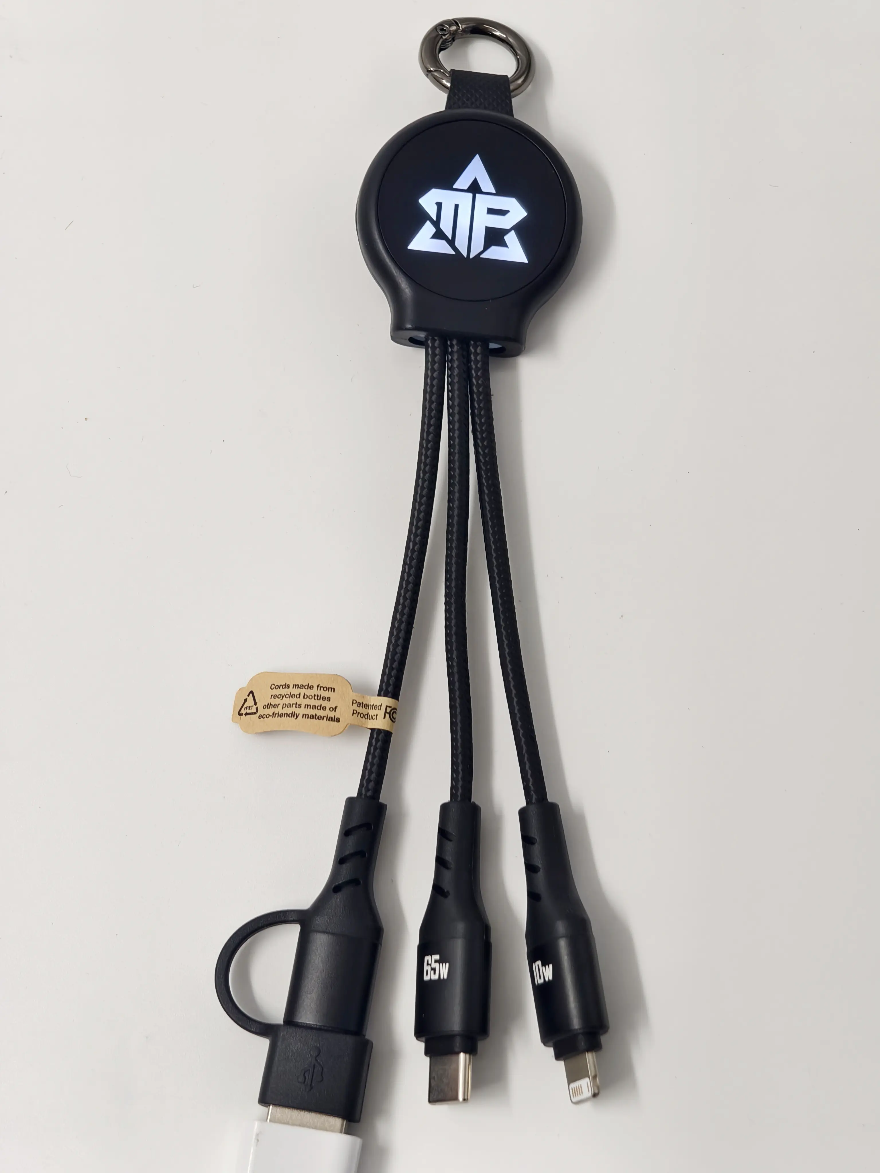16cm 65W 4-in-1 Fast Charging Cable | USB-A & USB-C Input | Lightning, Type-C, Micro USB | Light-Up Logo | TK7015PD-F03